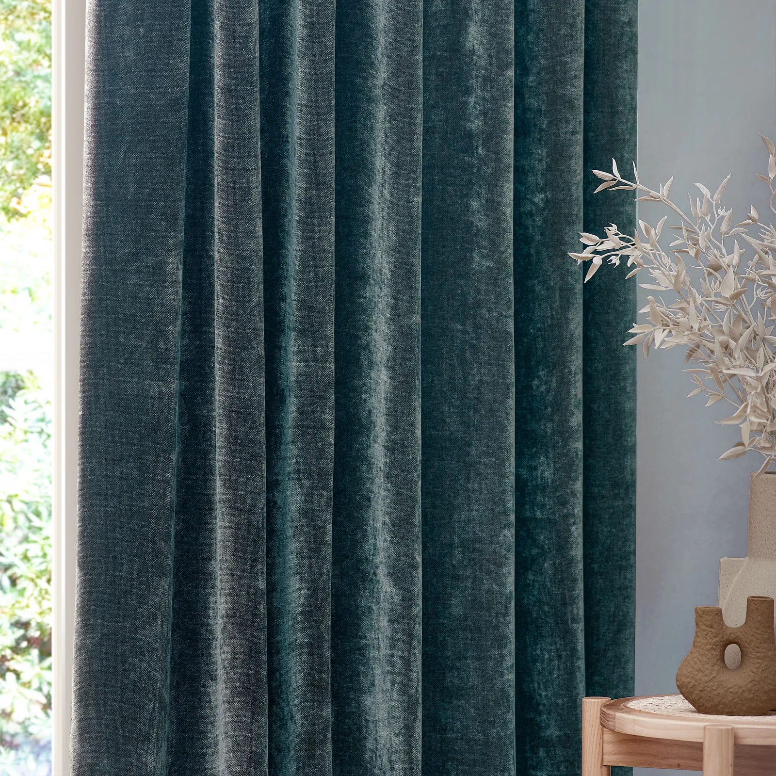 Yard Heavy Chenille Velvet Room Darkening Pencil Pleat Curtain Pair in Blue 3