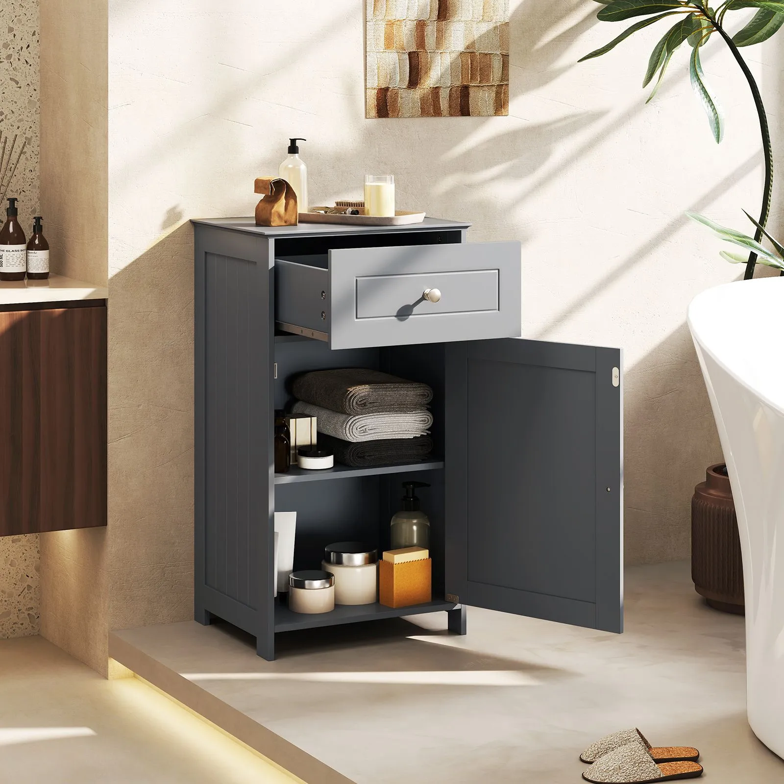 Costway Single Door Bathroom Cabinet Stable & Safe Bathroom Organizer in Grey 4