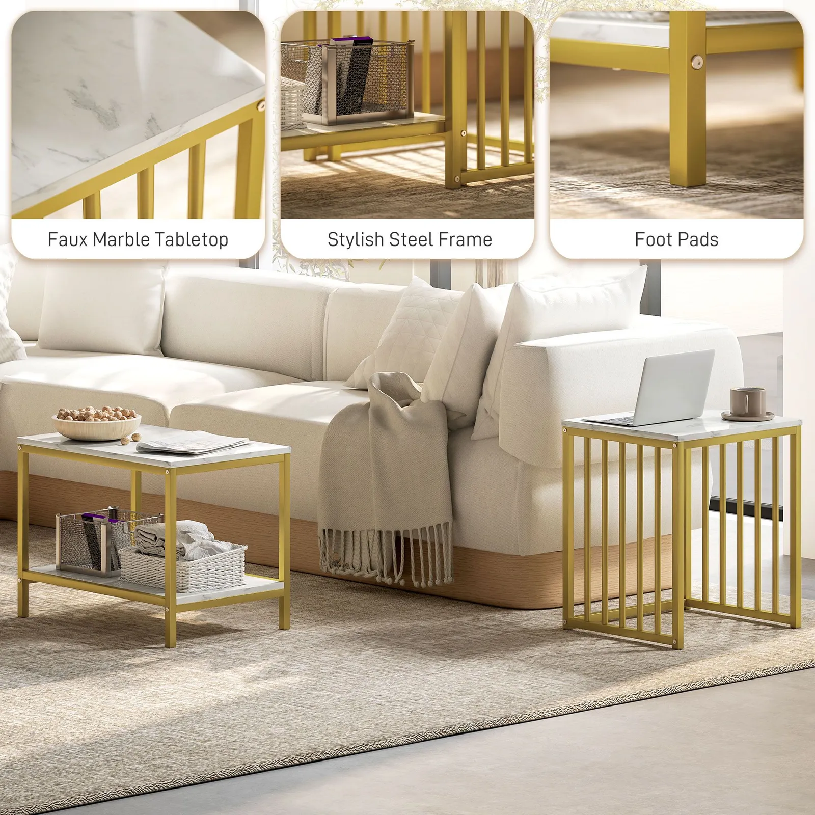 HOMCOM Modern Coffee Table Set of Two w/ Steel Frame Marble-Effect Gold Tone 5