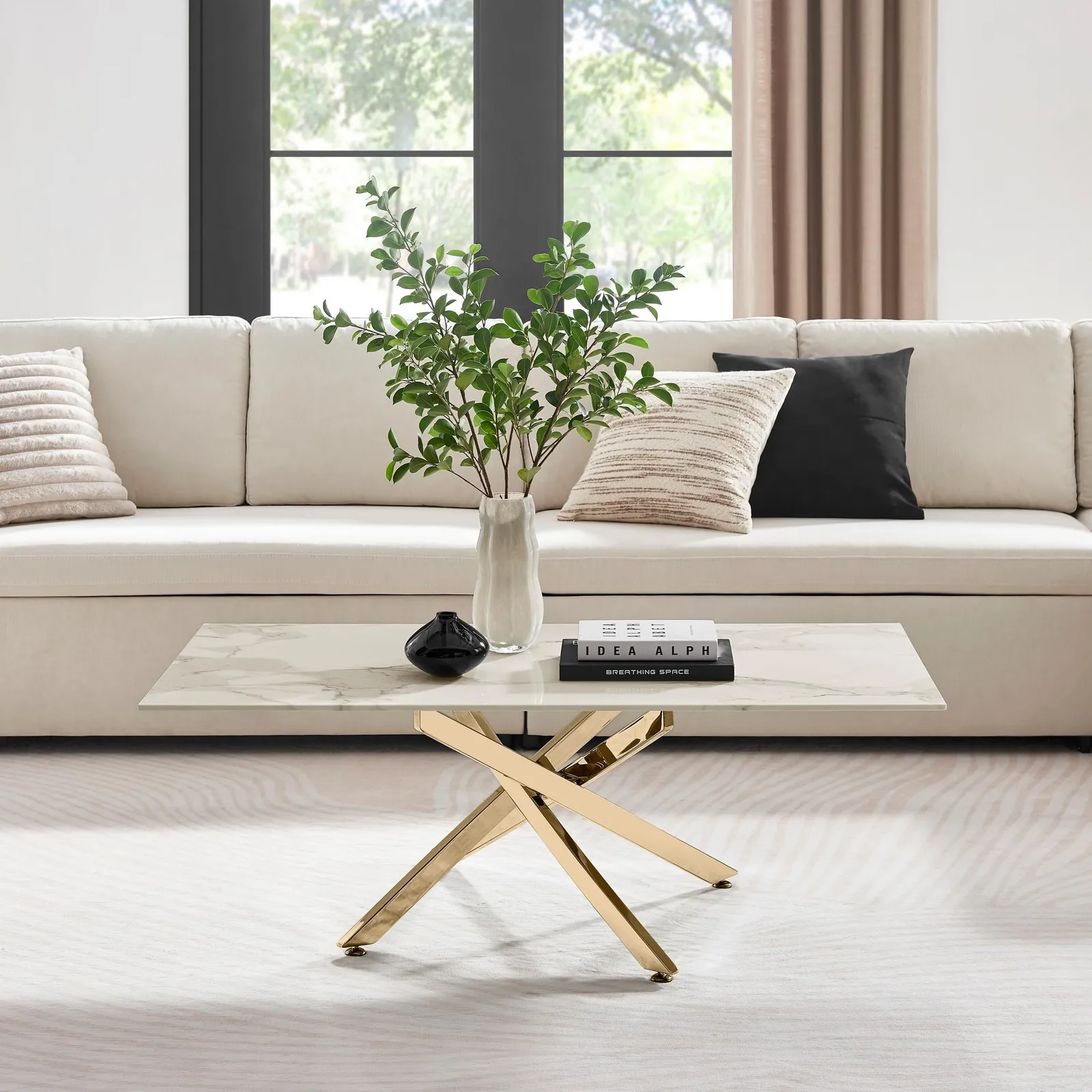 FurnitureboxUK Leonardo Rectangular Marble Effect Glass Top Coffee Table With Gold Metal Starburst Legs in White 1