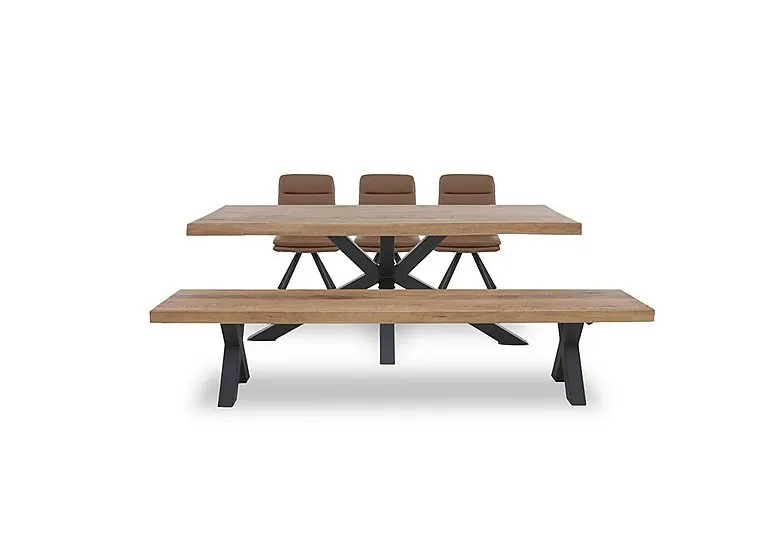 Njord Raw Edge Dining Table with Metal Star Base, Bench and 3 Tan Faux Leather Swivel Chairs - 220-cm - Old Bassano