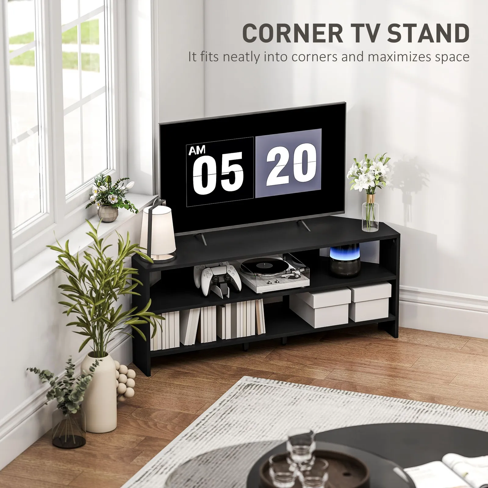 HOMCOM Corner TV Stand, TV Unit with Open Shelves for 47 Inch TV in Black 4