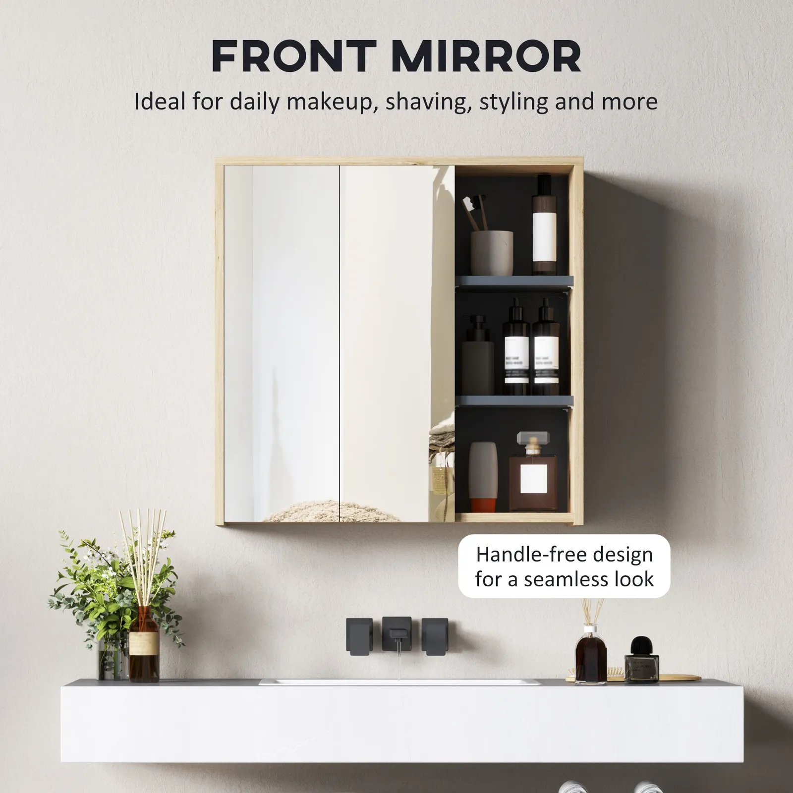 HOMCOM Bathroom Cabinet Wall Mounted Mirror Storage with Shelves Natural 6