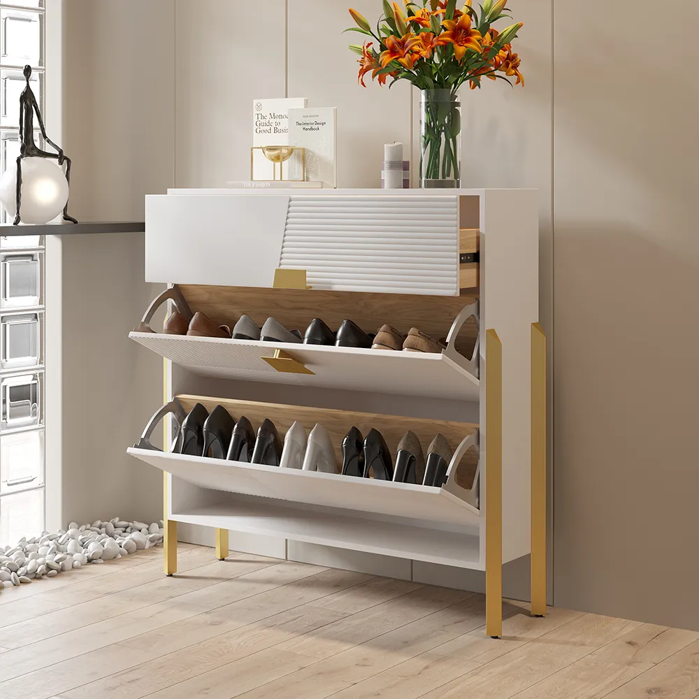 Modern Entryway White Shoe Storage for 10 Pairs Shoes Narrow Shoe Cabinet with 2 Flip Doors & 1 Drawer