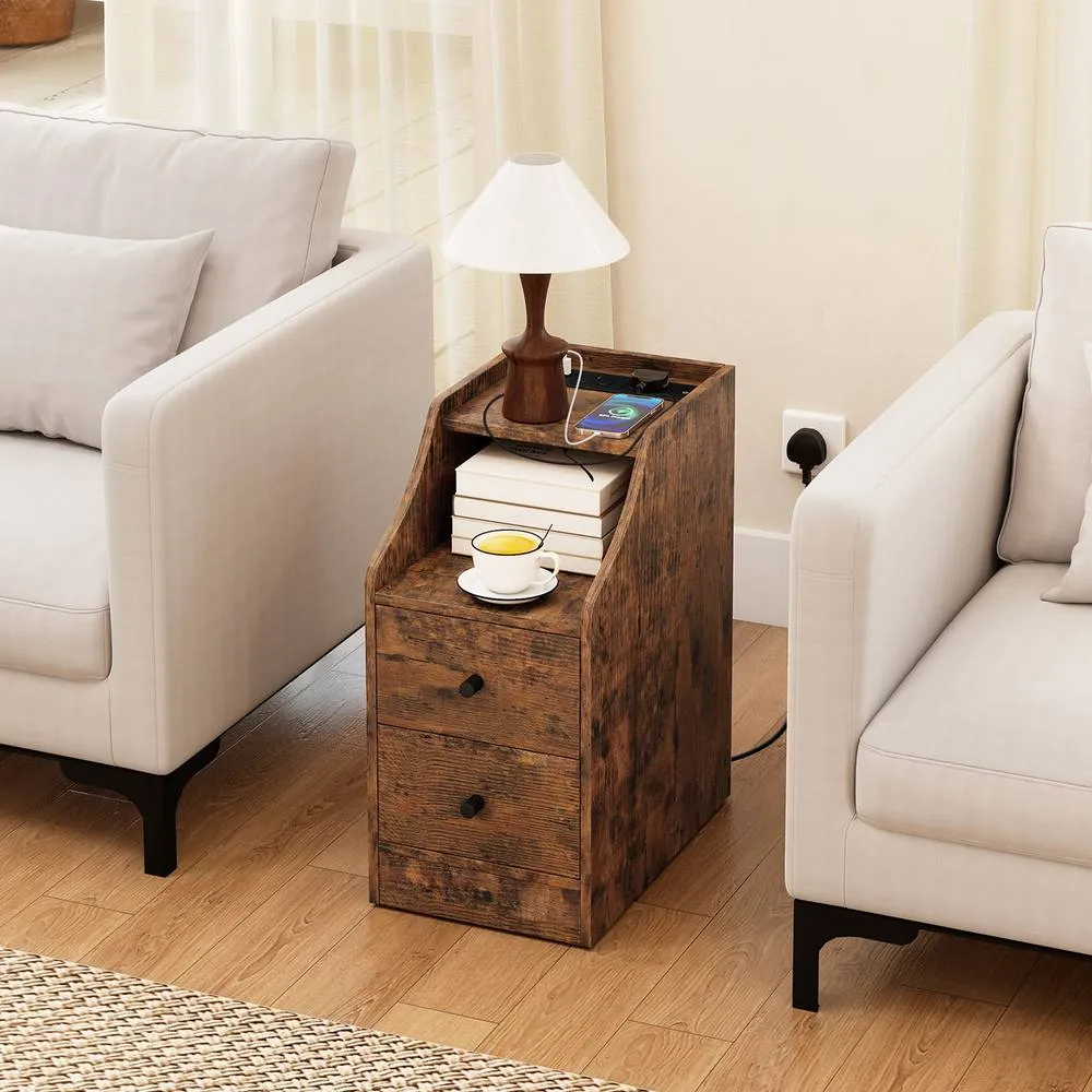 Costway Side End Table with Charging Station in Brown 4