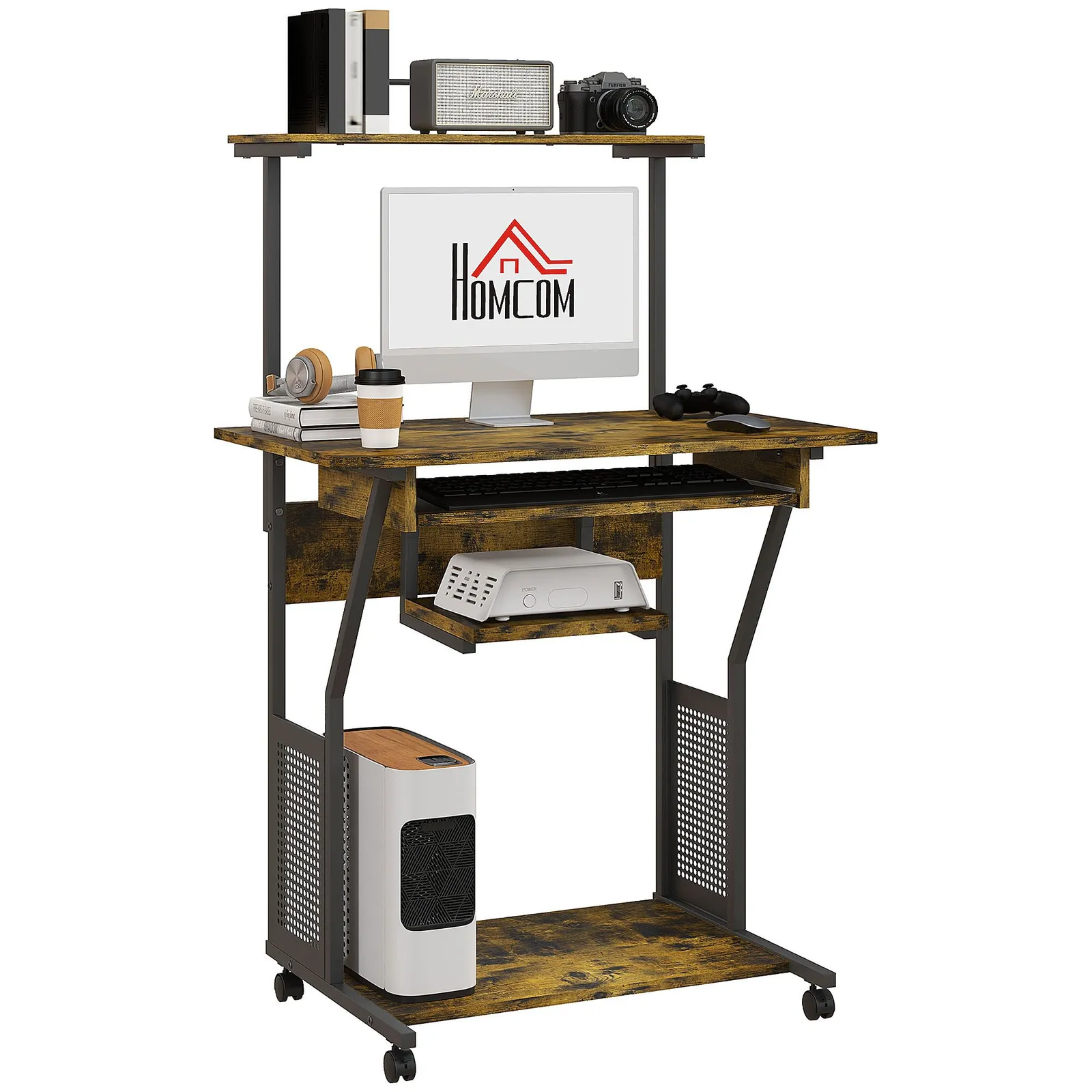 HOMCOM Mobile Computer Desk Industrial Study Table with Storage Shelves in Dark Brown 2
