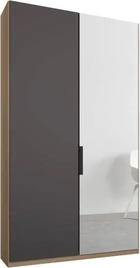 Caren 2 door 100cm Hinged Wardrobe, Oak Frame, Matt Graphite Grey & Mirror Doors, Classic Interior