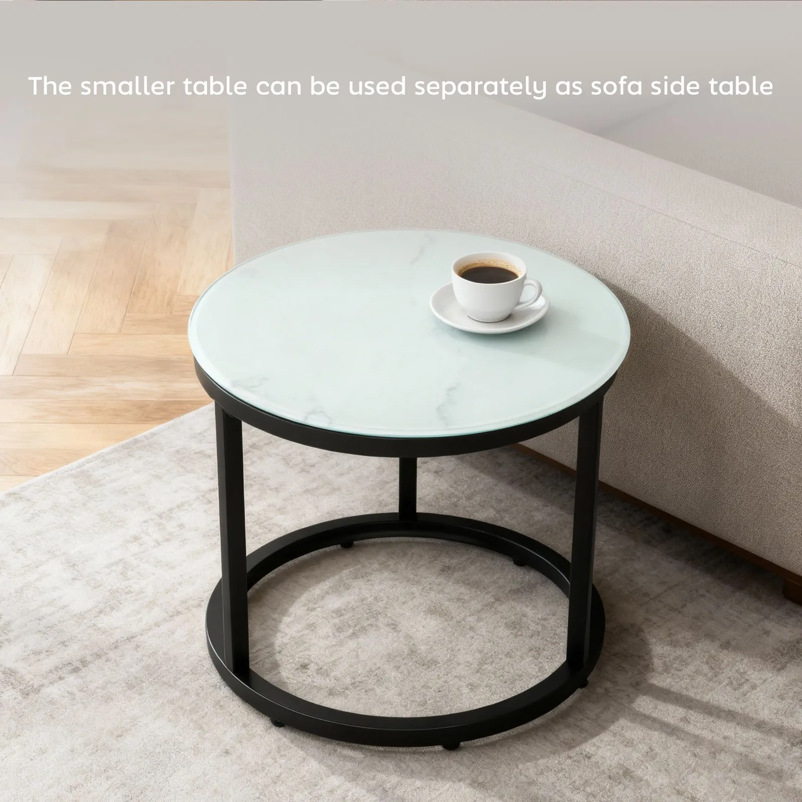 HOMCOM Glass Coffee Table Set of 2, Round Nest of Tables, White 6