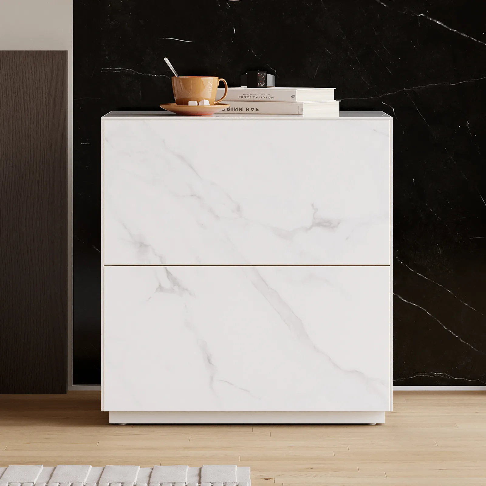 Modern 60 cm W Sintered Stone Bedside Table 2 Drawer Bedside Table