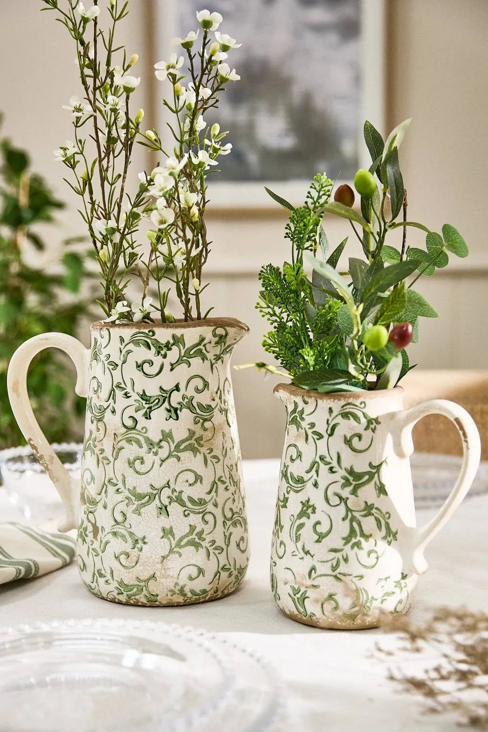 Dibor Set of 2 Luxury Irina Green Botanical Home Decor Pitcher Jug in Cream