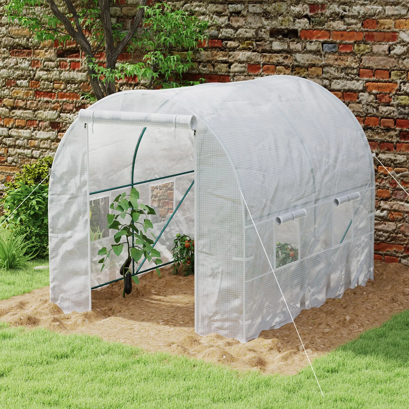 OUTSUNNY Polytunnel Greenhouse Roll Up Door Windows Outdoor Grow House 2x2.5m in White
