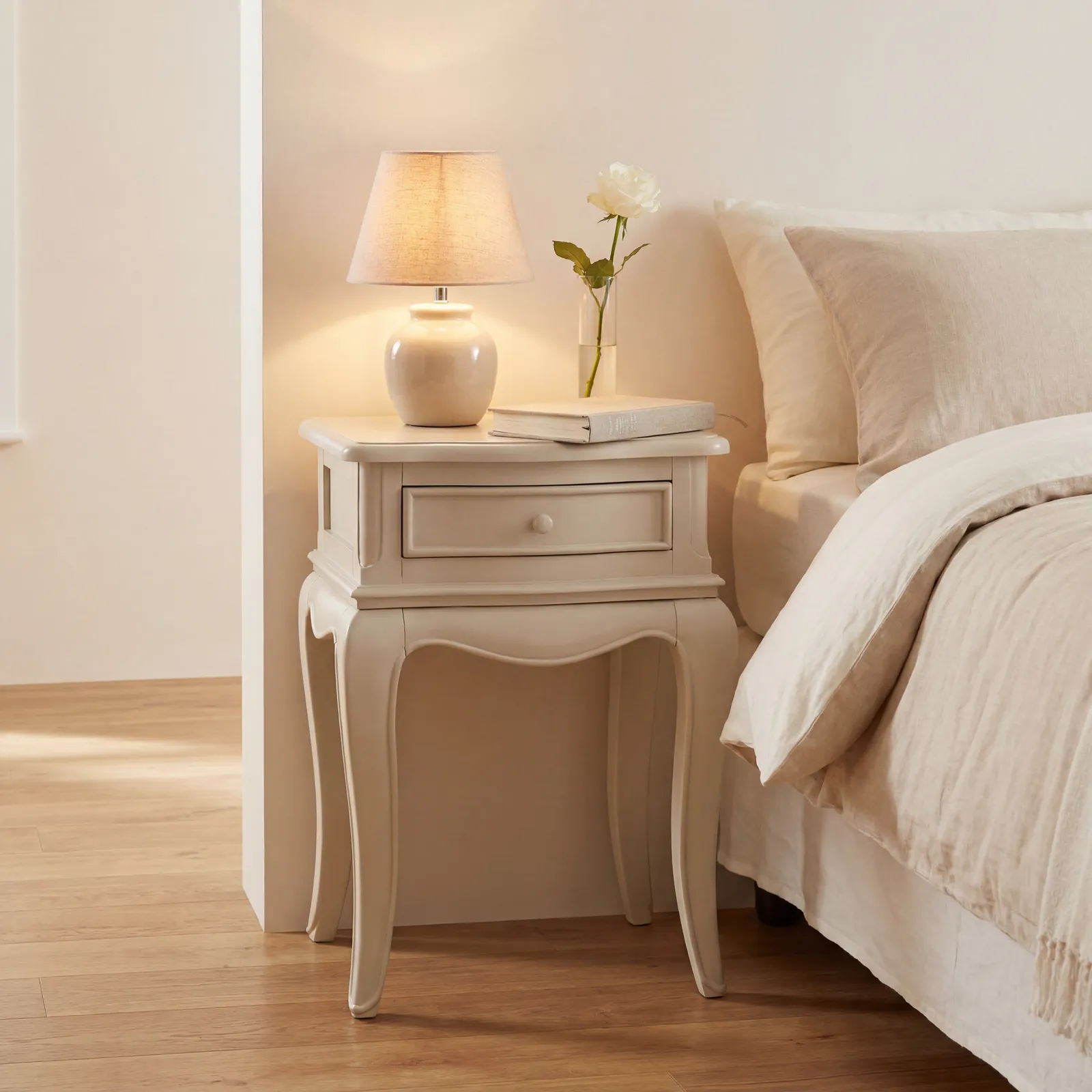 Calista 1 Drawer Curved Leg Bedside Table, White Wood | Barker & Stonehouse 2