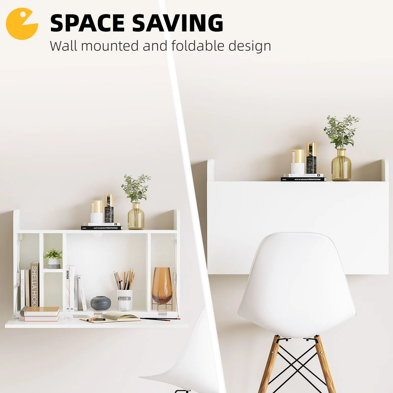 HOMCOM Wall Mounted Table Drop Leaf Floating Laptop Desk with Storage in White 4