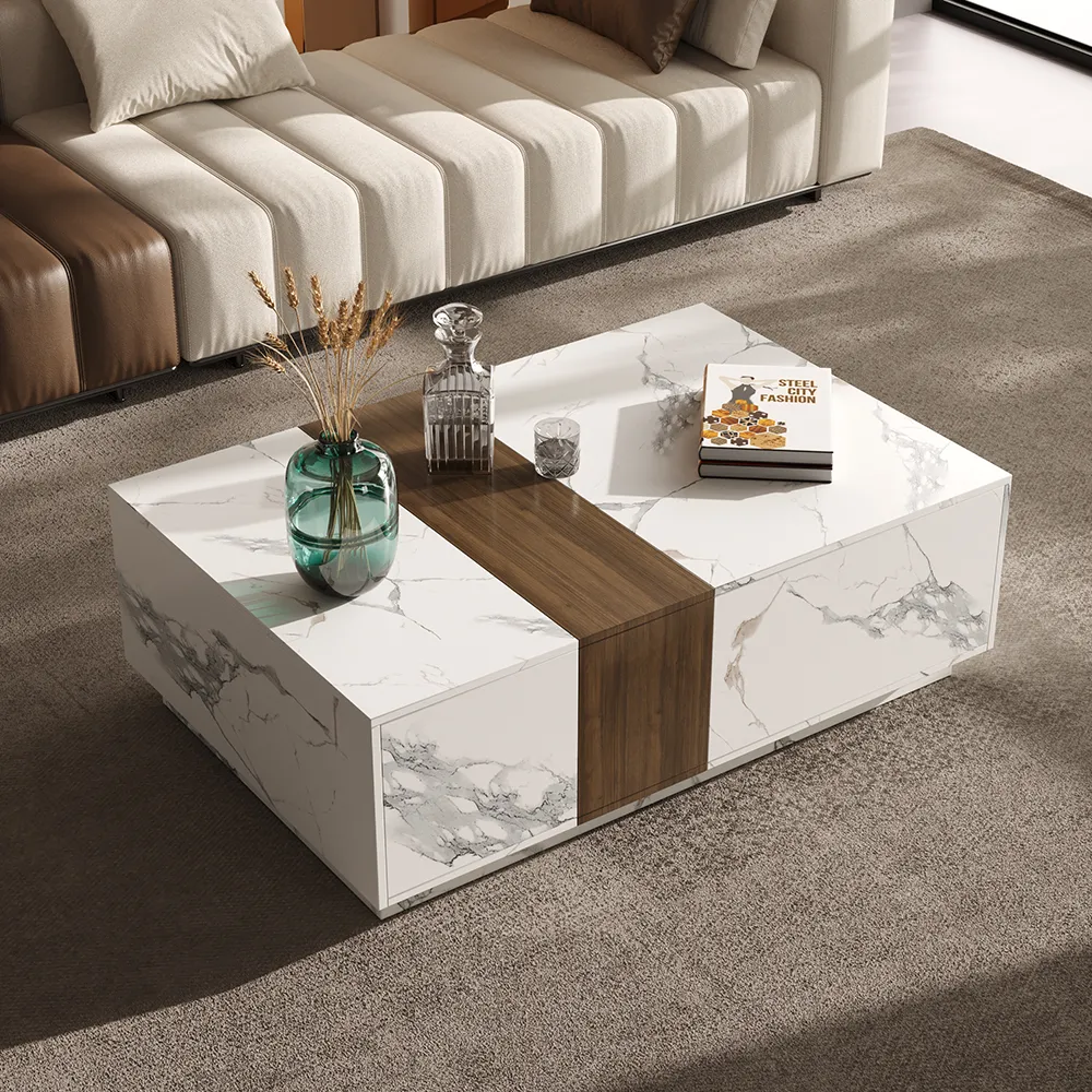 Vewal 1200mm Marble & Walnut Veneer Block Coffee Table with 2 Drawers