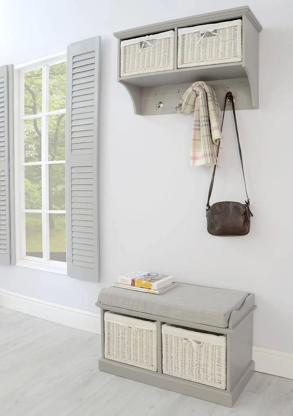 Statement Furniture Tetbury Small Hallway Coat Rack / Shelf with Wicker Storage Baskets in Light Grey 5