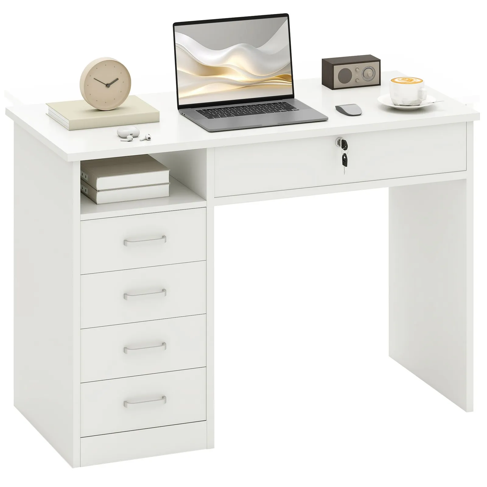 HOMCOM Computer Desk Writing Desk with Five Drawers for Home Office in White 2