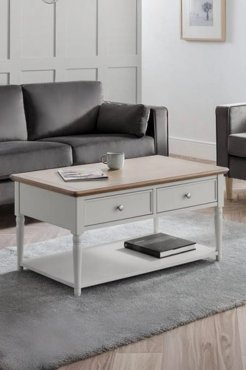 Julian Bowen Provence 2 Drawer Coffee Table with Shelf in Light Grey