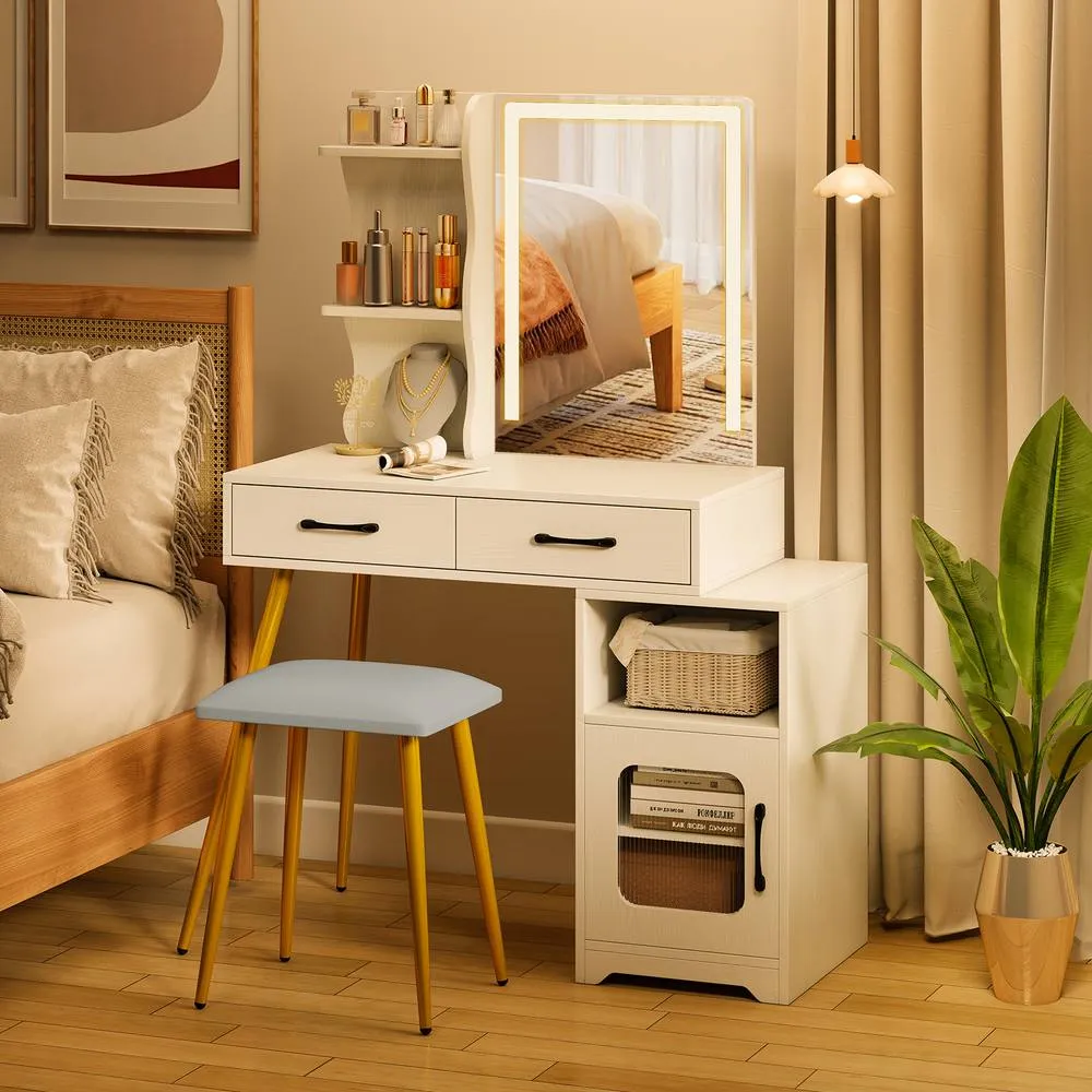 Costway Modern Vanity Set w/ Drawer & Lights Makeup Dressing Table w/ Stool in White 3