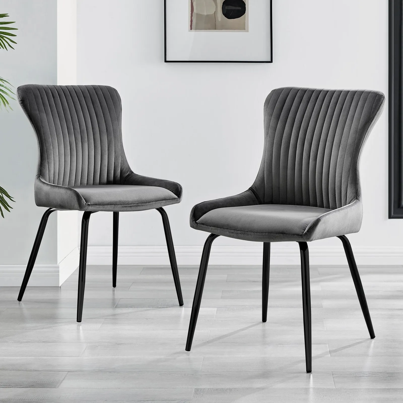FurnitureboxUK Set of 2 Nora Deep Padded Luxurious Dining Chairs Upholstered In Soft Velvet With Black Legs in Dark Grey 1