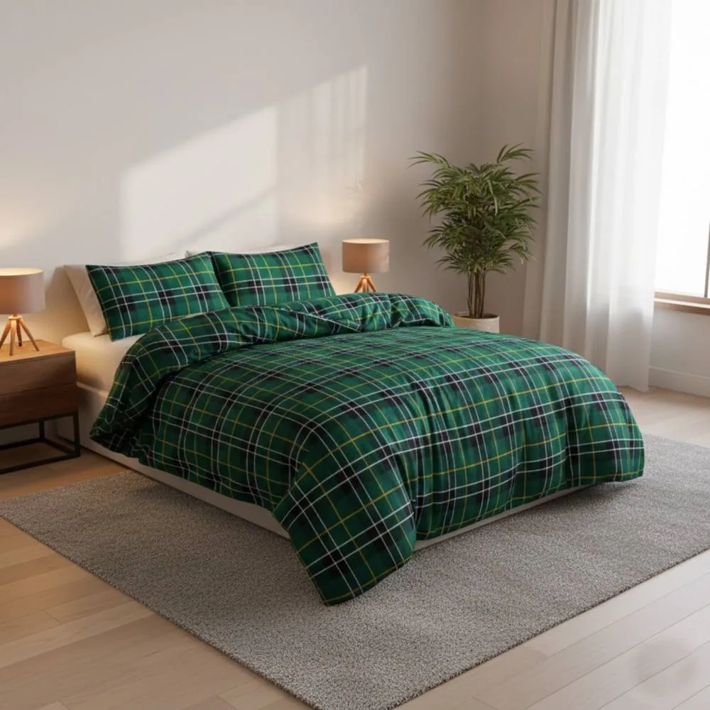 Snug City Thermal Flannelette Tartan Duvet Cover Set Warm Brushed Cotton Bedding in Green