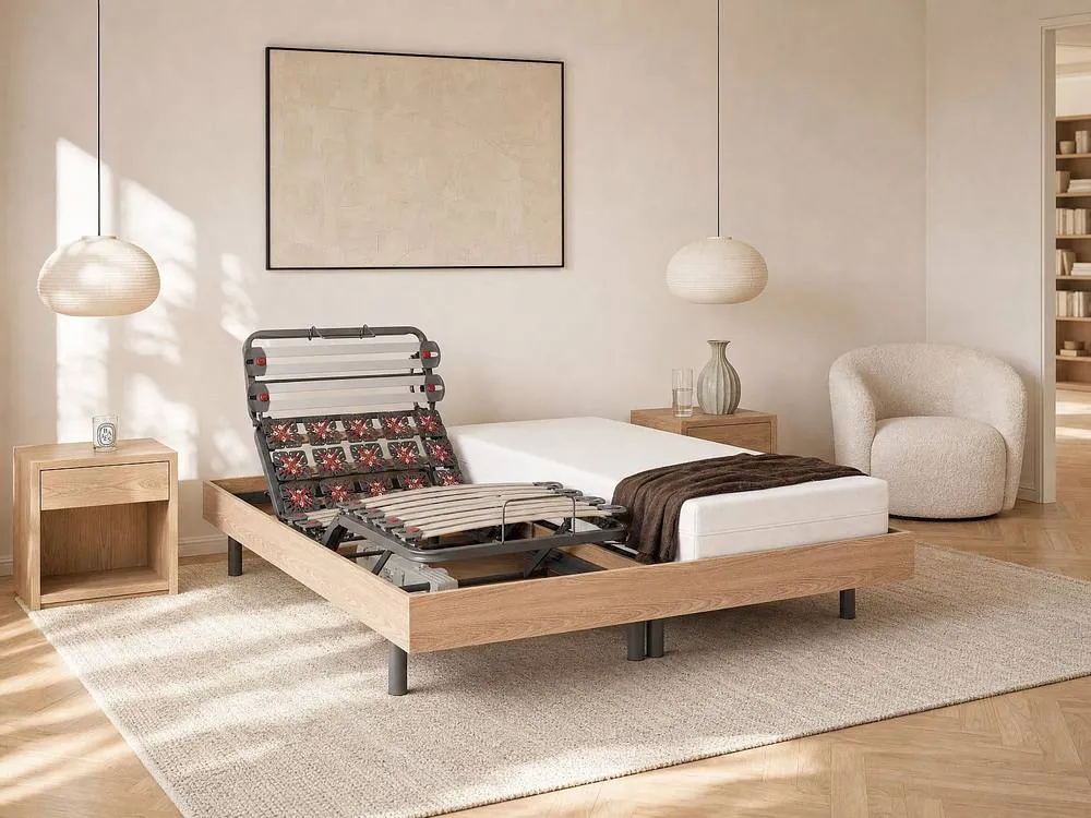 Vente-unique Electric Adjustable Upholstered Bed Base - Slats & 2X25 Discs - 2 X in Light Oak 2