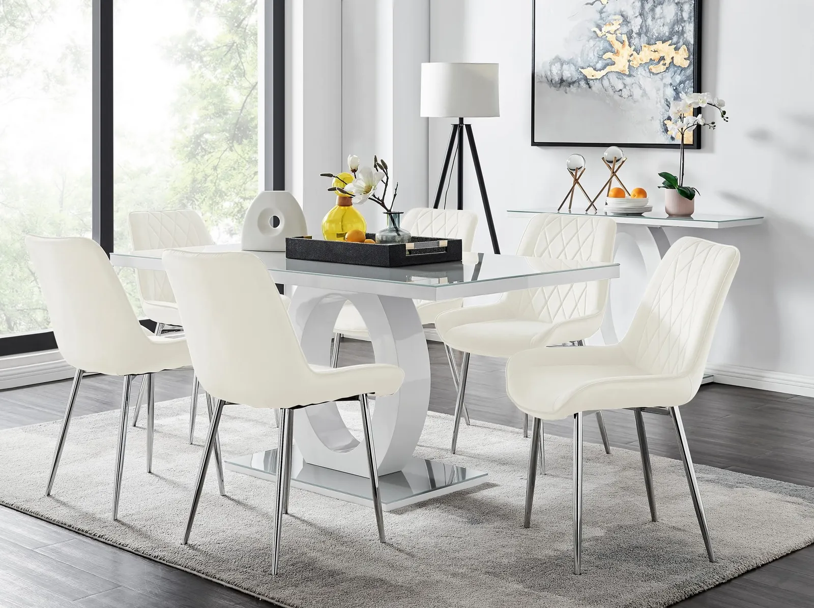 FurnitureboxUK Giovani 6-Seater Grey Glass Dining Table & 6 Pesaro Soft Velvet Dining Chairs in Cream 1