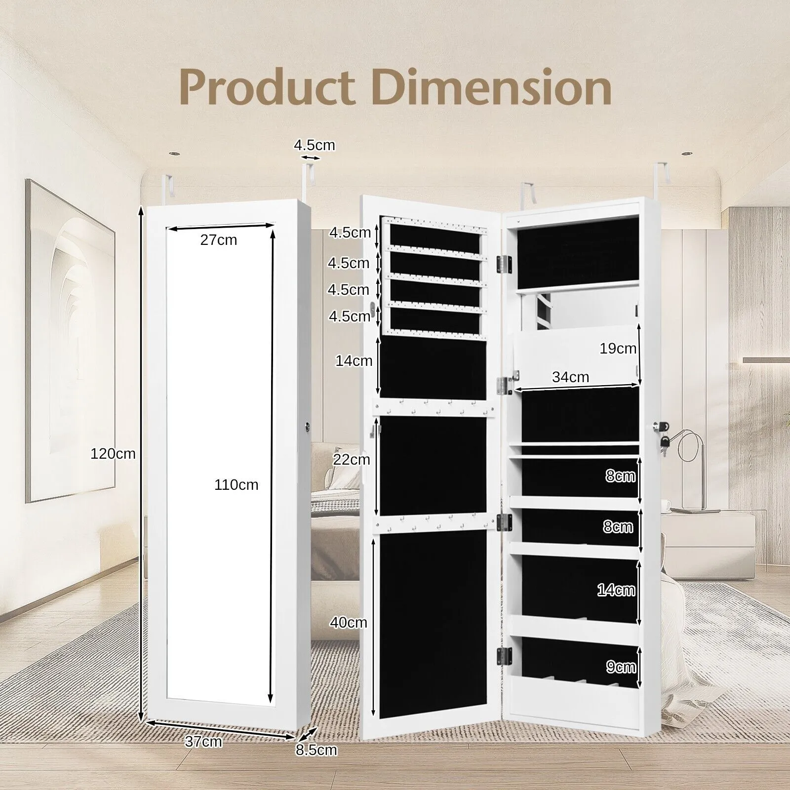 Costway Wall mounted Jewelry Storage Cabinet Door Hanging Jewelry Armoire with Full Mirror in White 2