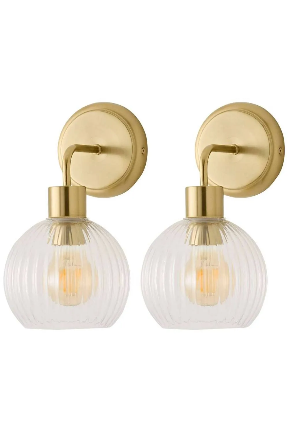 ValueLights Maddison Pair Clear Ribbed Glass Globe Metal Wall Lights & Bulbs in Gold 1