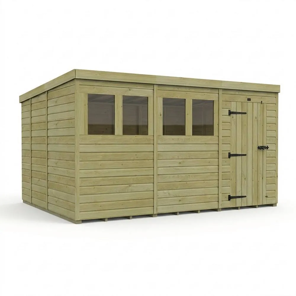 Buttercup Farm 12ft x 9ft Pent Garden Shed Single Door With Windows - Timber in Brown