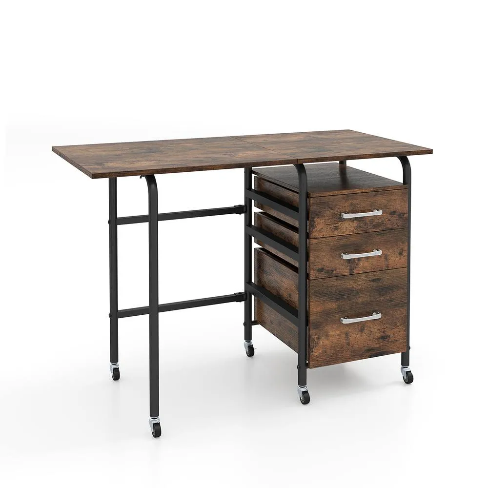 Costway Folding Desk with 3 Drawers Convertible Computer Desk in Brown 1