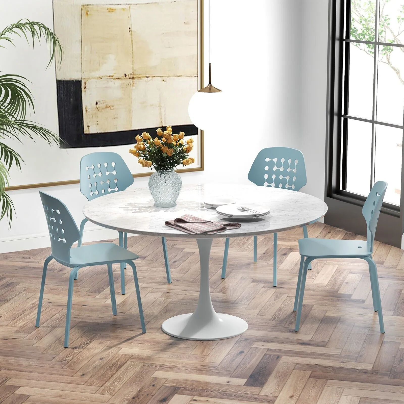 Costway Set of 4 Dining Chair Metal Kitchen Bar Chair Stool Armless Accent Side Chair in Blue 5