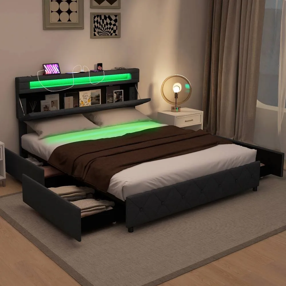 Costway King Size Modern Upholstered Bed Frame with Led Lights in Grey 2