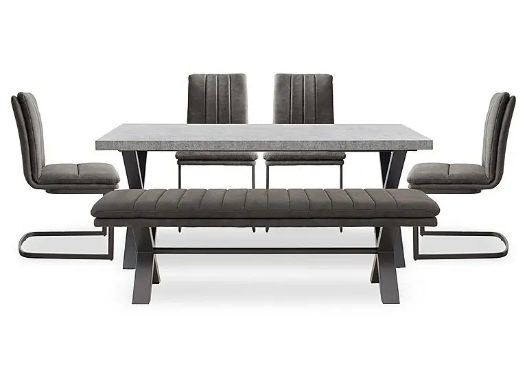 Moon Large Dining Table with X Shaped Legs, Fabric Bench and 4 Fabric Cantilever Chairs