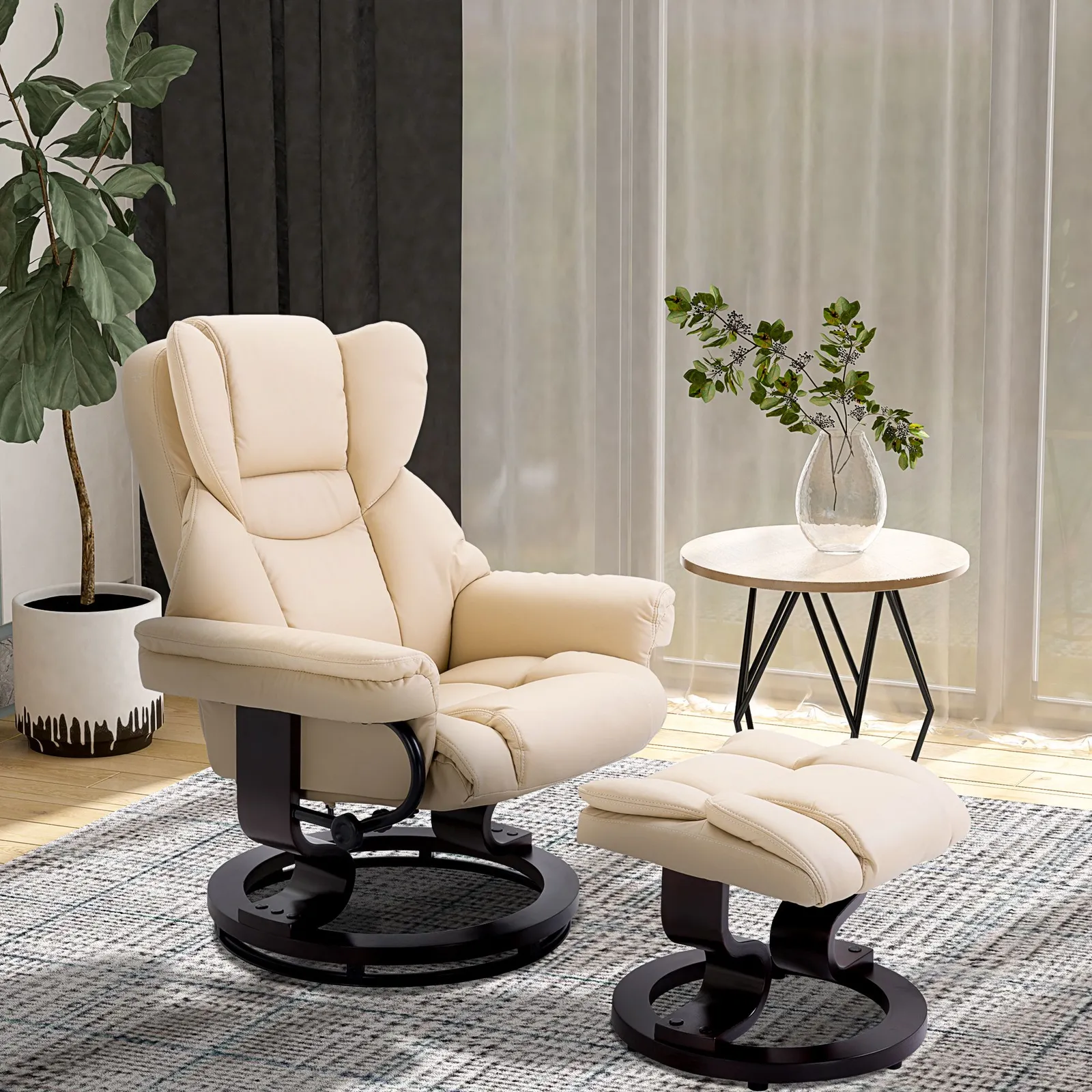HOMCOM Padded PU Leather Manual Reclining Armchair Sofa Chair w/ Footstool in Cream
