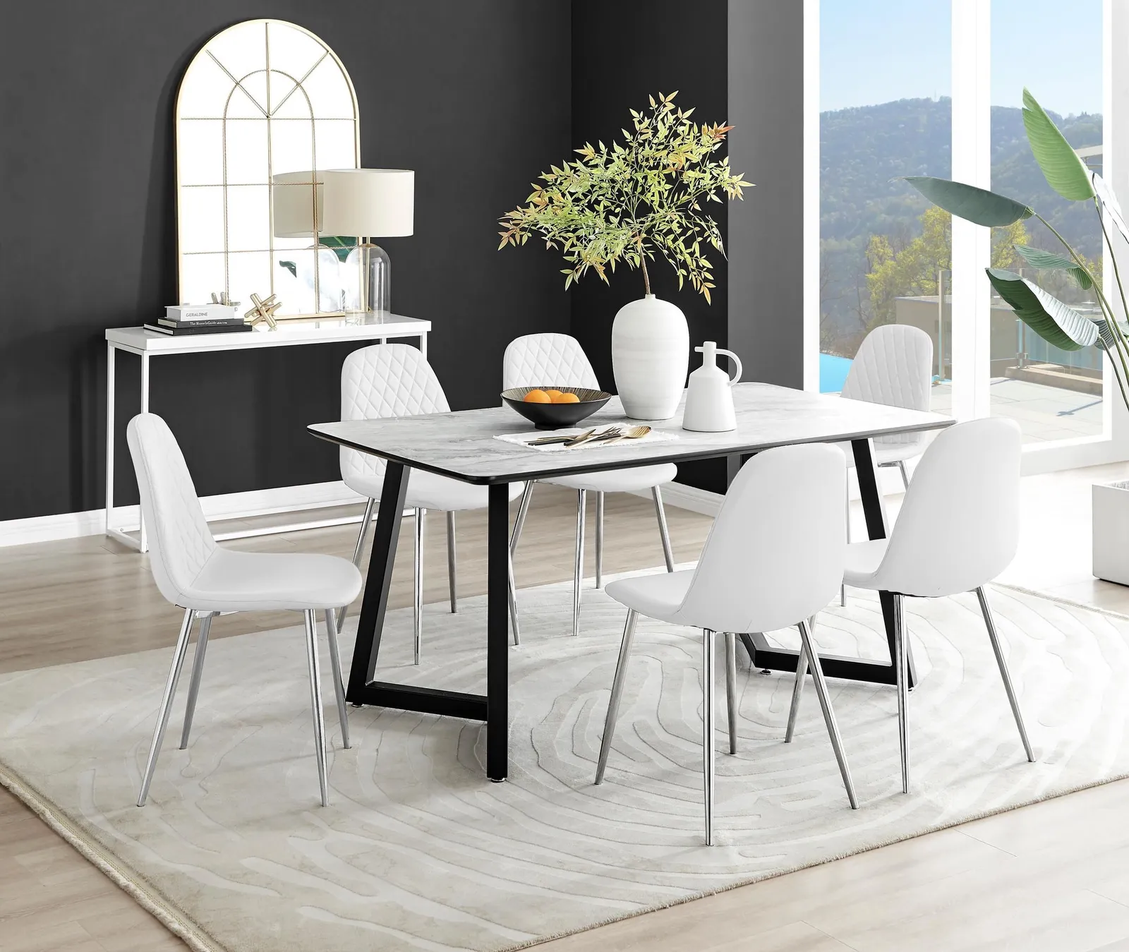 FurnitureboxUK Carson White Marble Effect Dining Table & 6 Corona Silver Chairs 1