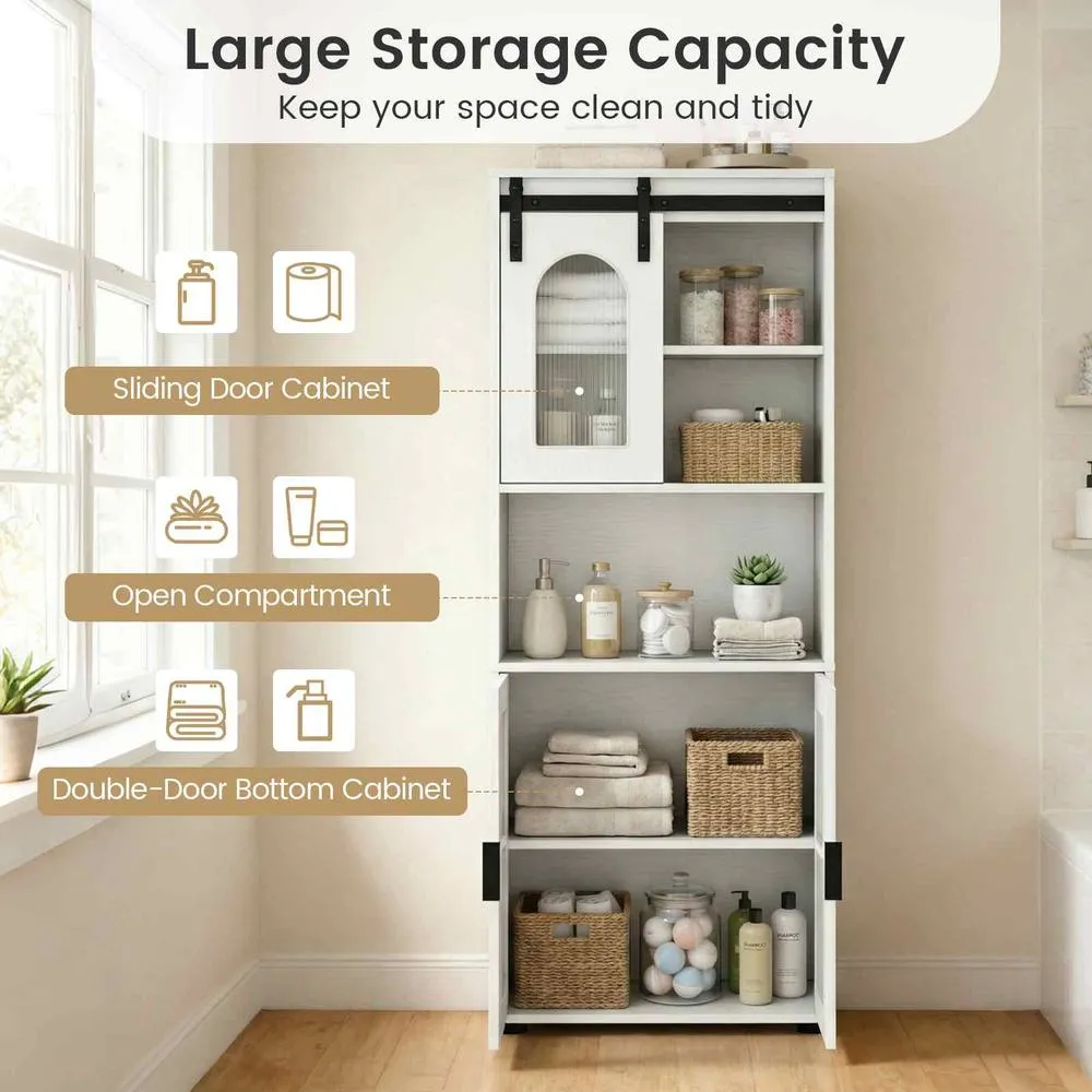 Costway Farmhouse Bathroom Floor Cabinet Sliding Barn Door Shelves in White 6