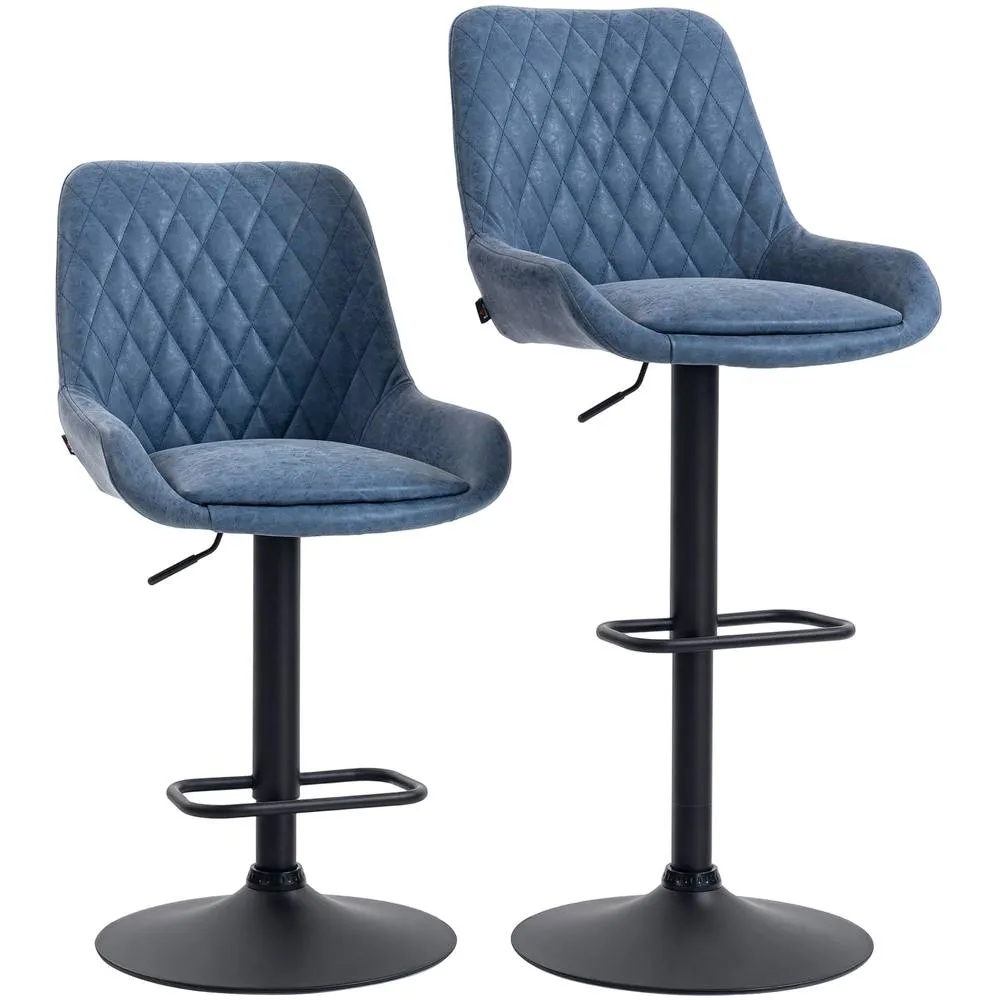 HOMCOM PU Leather Padded Bar Stools Set of 2 with Metal Base, Dark Blue 2