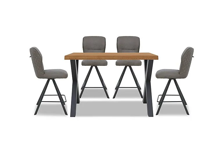 Hades 140cm Straight Edge Table with X Shaped Legs and 4 Terra Steel Fabric Swivel Bar Stools