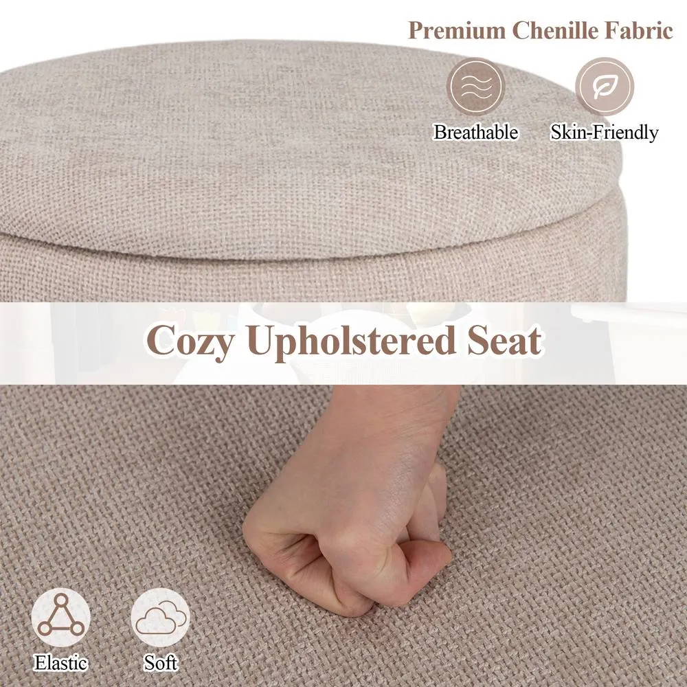 Costway Modern Round Storage Ottoman Upholstered Chenille Foot Stool W/ Lid in Beige 6