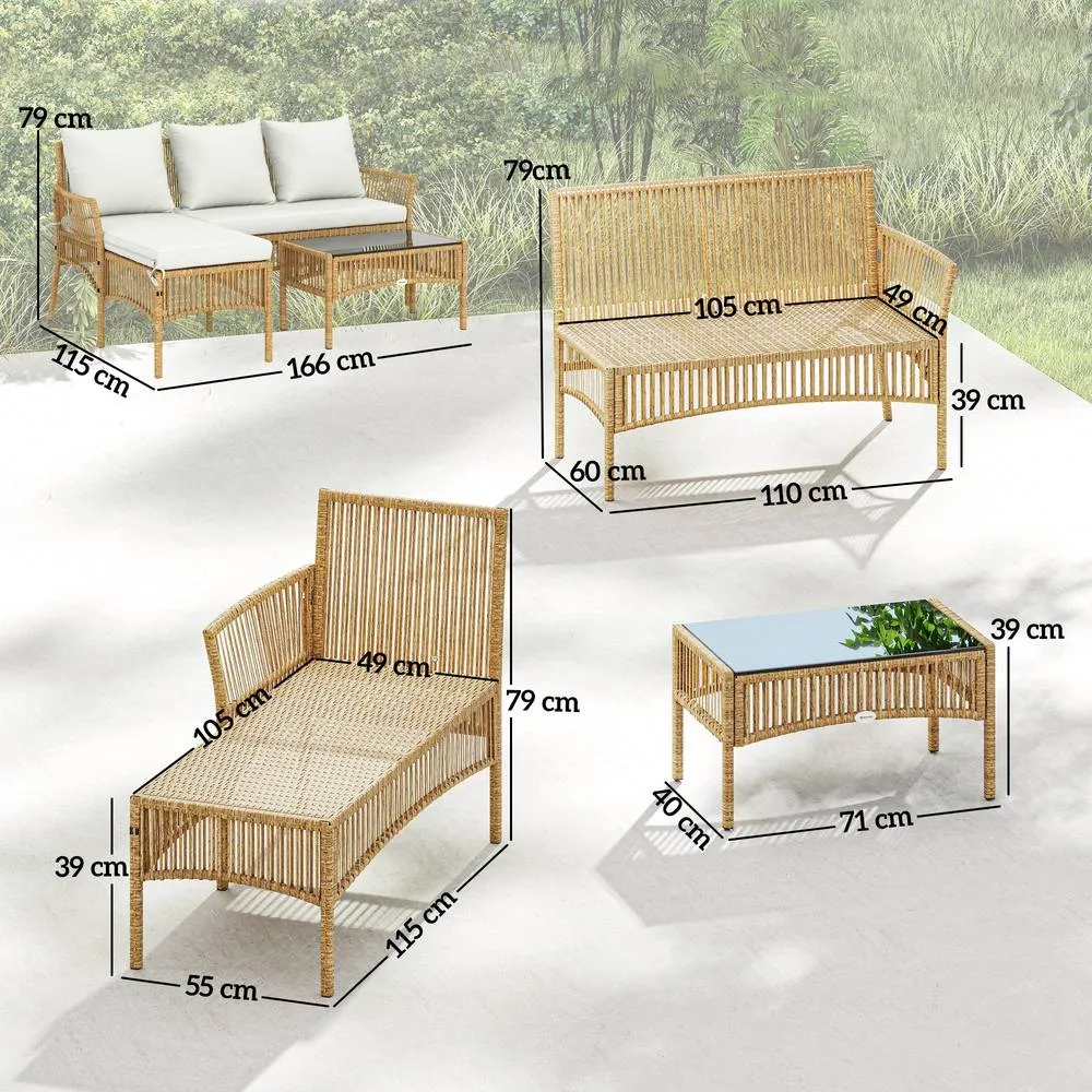 OUTSUNNY 3 Piece Rattan Garden Furniture Set with Cushions, Natural Wood 3