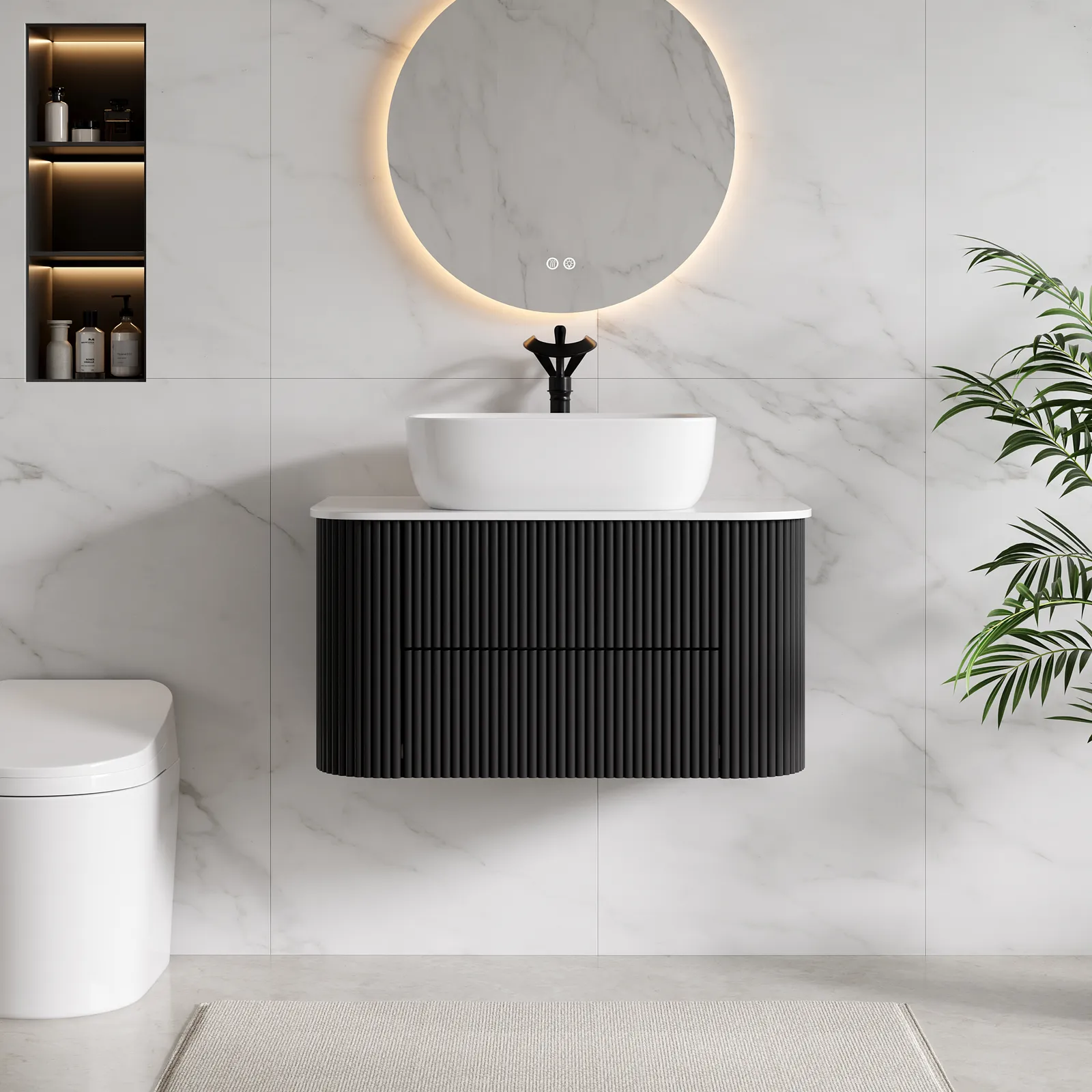 800mm Floating Fluted Wall mounted Bathroom Vanity Set Sintered Stone Top with Vessel Single Basin & 2 Drawers