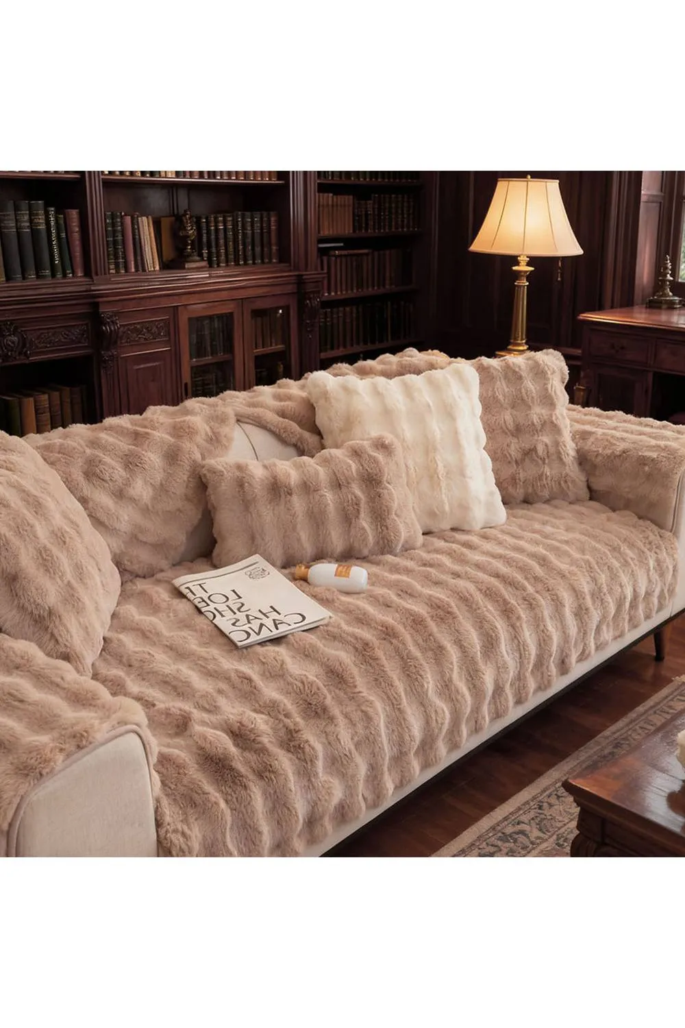 Living and Home Sleek Textured Plush Sofa Cover in Brown