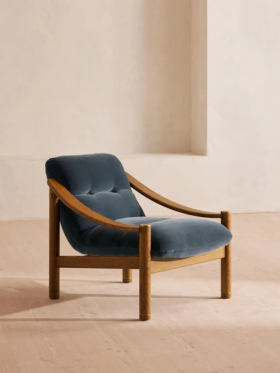 Karine Armchair, Midtone Oak, Grey Blue Velvet