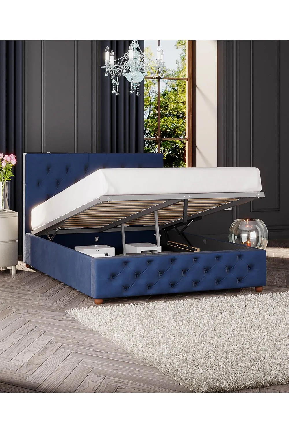 Laurence Llewelyn-Bowen Luna Ottoman Storage Bed in Plush Velvet Fabric, Custom Made in Navy