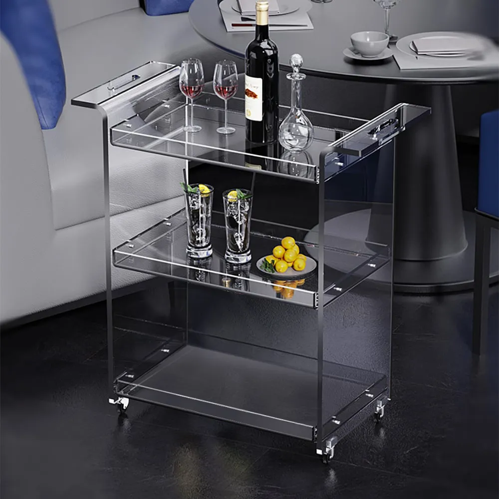 Modern Acrylic Rolling Serving Bar Cart 3-Tier Trolley End Table with Handles