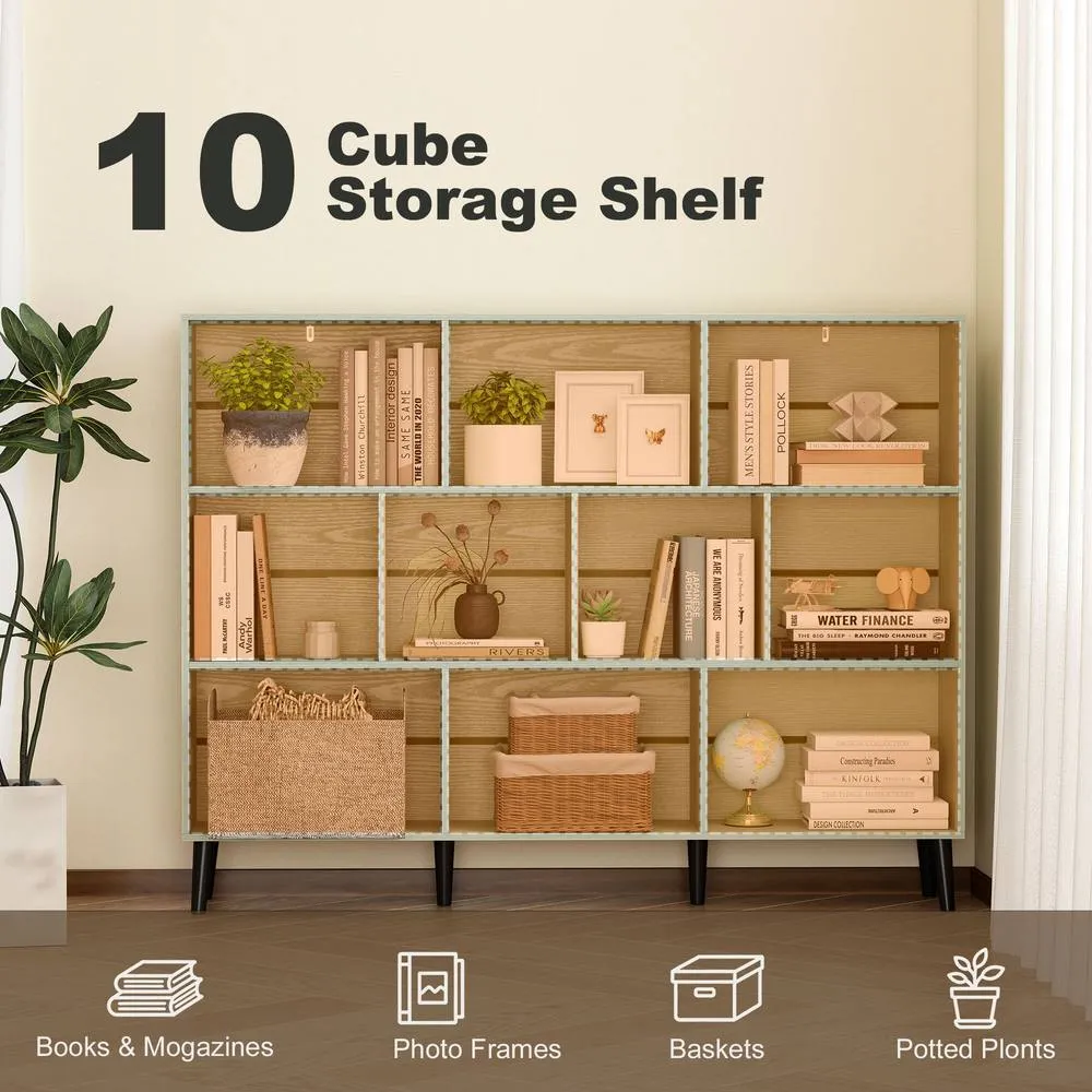 HOMCOM Bookshelf with 10 Cubbies, Book Shelf with Wood Legs, Light Green 4