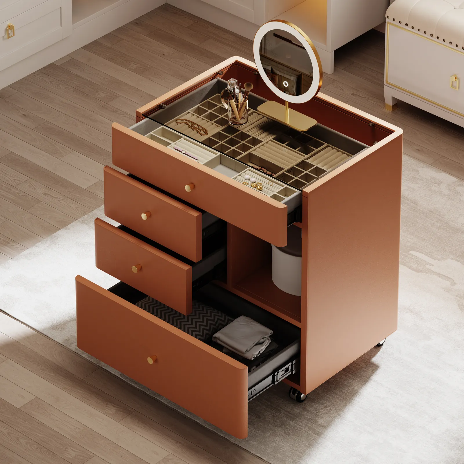 Leather Glass Saddle Walk-In Wardrobe Island Jewellery Dresser with Top