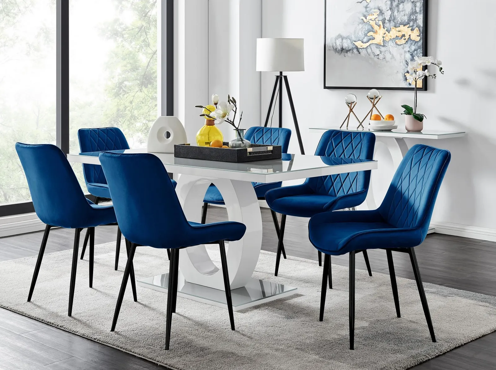 FurnitureboxUK Giovani 6-Seater Grey Glass Dining Table & 6 Pesaro Soft Velvet Dining Chairs in Navy 1