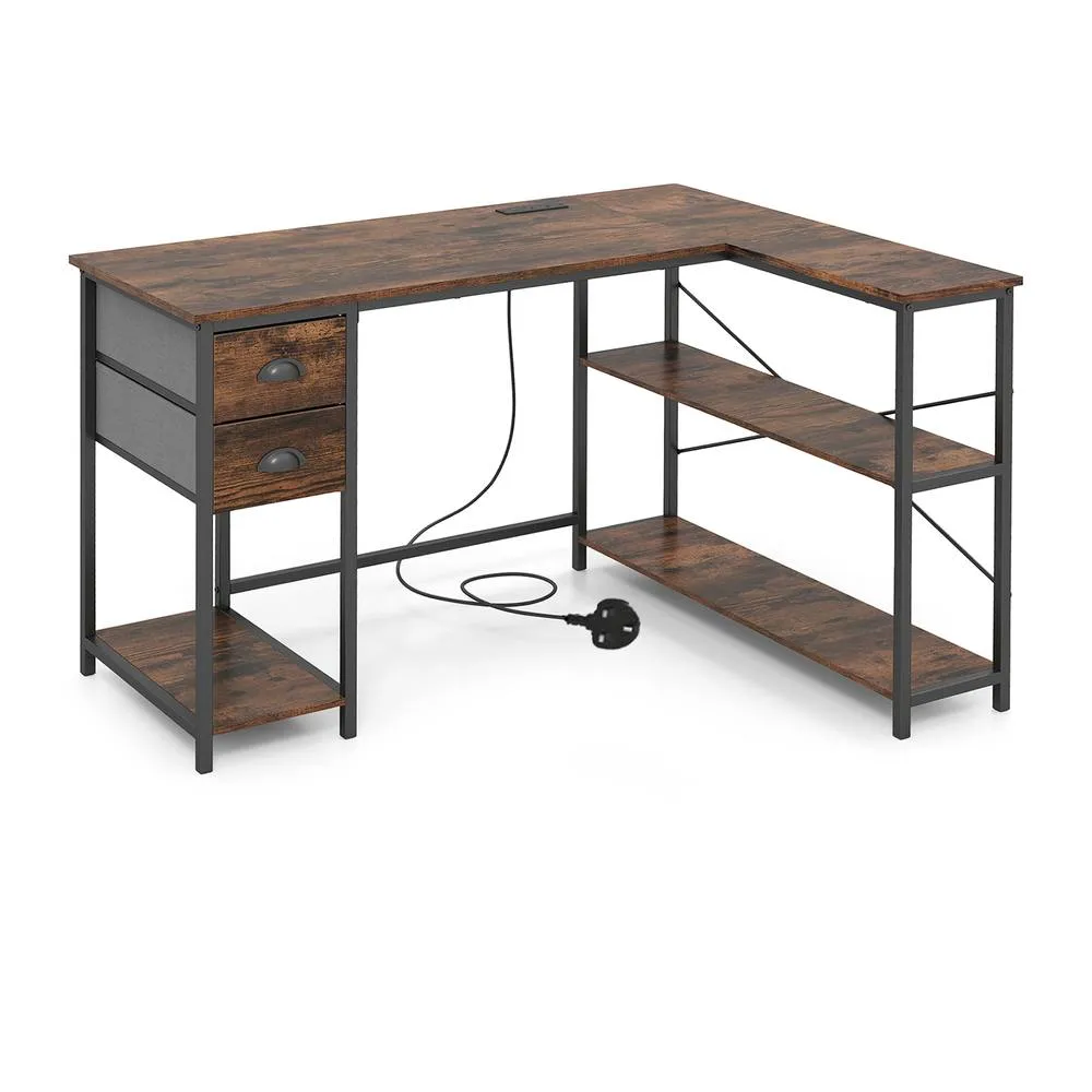 Costway L-Shaped Desk w/ Charging Station Desk w/ 2 Fabric Drawers in Brown