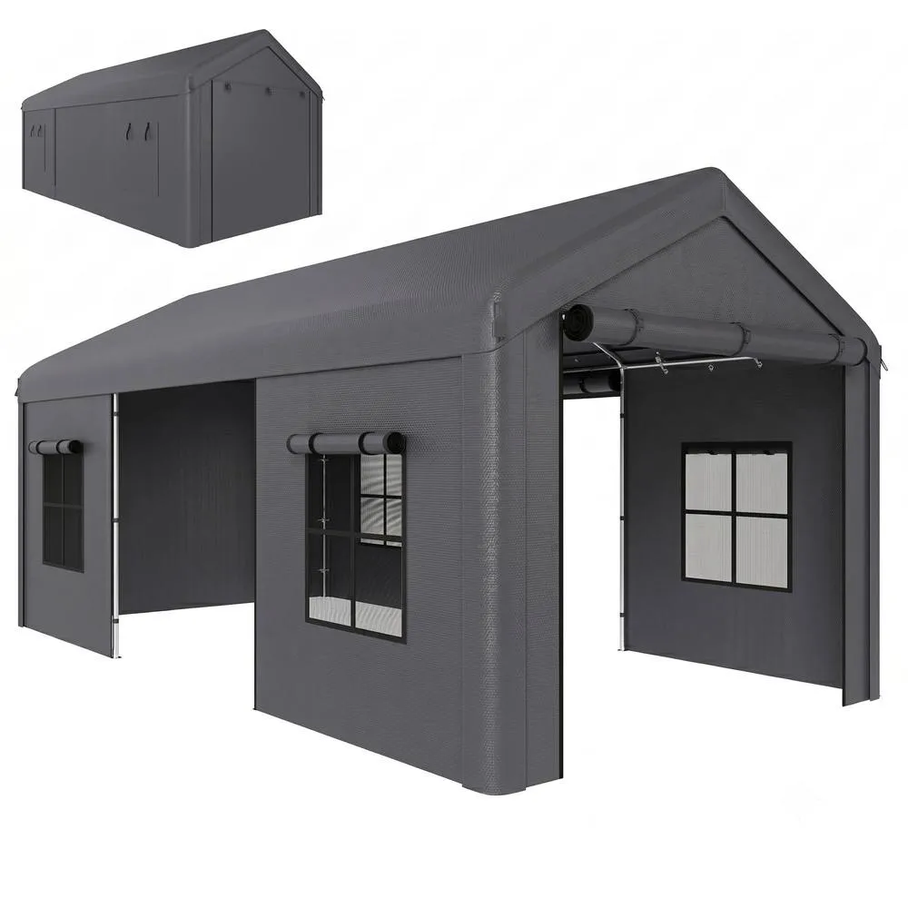 OUTSUNNY 3 x 6 m Heavy Duty Carport, Portable Garage with 3 Doors, Dark Grey